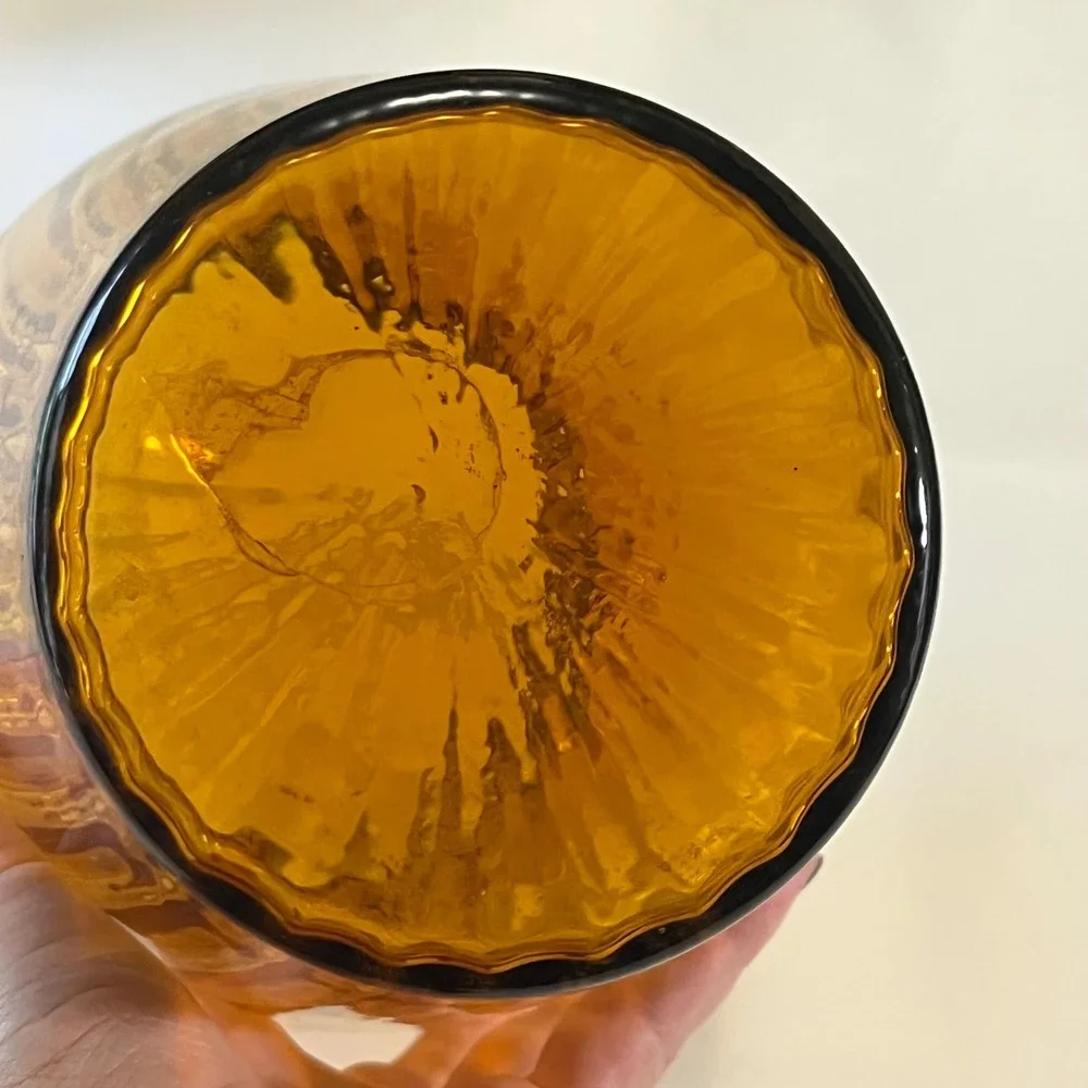 Vintage Amber Glass‎ Optic Swirl Vase Ruffled Rim Mid Century Modern 10.5 Inch